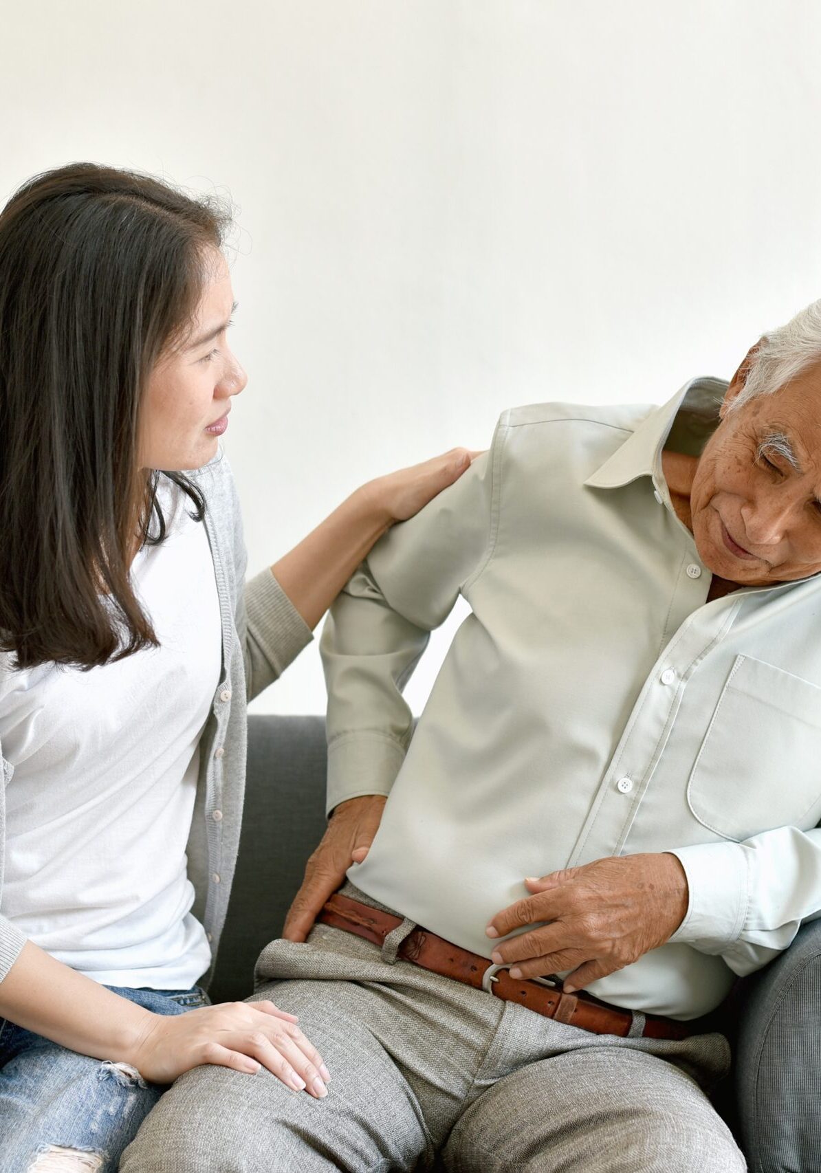 Arthritis joint pain problem in old man, Elderly asian man with hand on hip gesture, Daughter frighten and worry about her father injury symptom, Senior healthcare insurance concept.